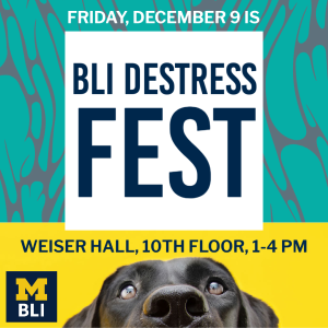 Part Teal and Gray background with Part Yellow background with the top part of a black lab peeking out. BLI DESTRESS FEST text in navy in a white box