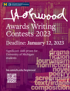 Poster for Hopwood Awards contests with armchair and bookcase in background Poster for Hopwood Awards contests with armchair and bookcase in background