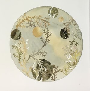 Cathy Barry artwork.  Circle in muted greens and yellows with smaller circles and vine shapes within