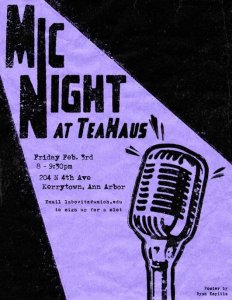 Mic Night Poster featuring location and time.