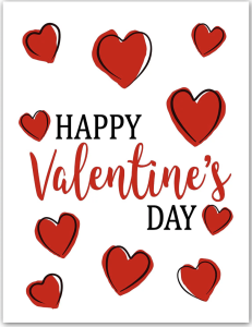Image shows text saying "Happy Valentine's Day" surrounded by red hearts.