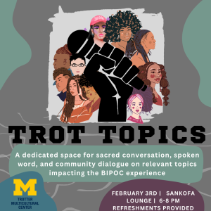 Trot Topics flyer with images of people of color and a power fist with a microphone.