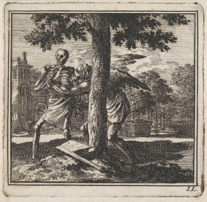 Jan Luyken, "Father Time prevents death from cutting down a tree" (Amsterdam, 1710)