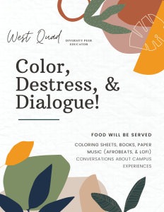 Leaves in different colors: blue, yellow, green, and brown in opposing corners of the poster. Text includes details of the event