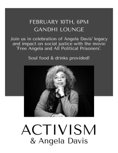 grey square on white background and a black and white photo of Angela Davis. Text details event plans