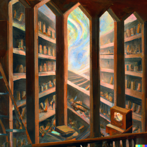 Rainbow-colored image of library shelves with light streaming in from the top.