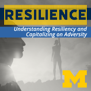 Hazy grey image with a person's profile on the left and on the right, the same person standing on rocks holding one arm in the air. The word RESILIENCE is in navy blue with yellow stripes, and the words "Understanding Resiliency and Capitalizing on Adversity"in white text over a blue block.