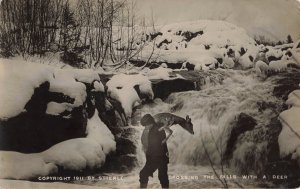 Crossing the Falls with a Deer (part of historic postcard)