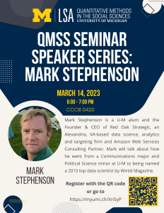 Flyer for the QMSS Seminar Speaker Series event with Mark Stephenson.