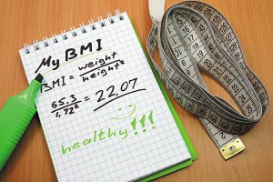 Illustration of pad with BMI formula next to measurement tape.