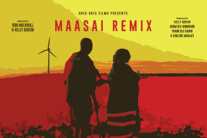 Poster for Maasai Remix showing two people in silhouette against a red and yellow stylized landscape