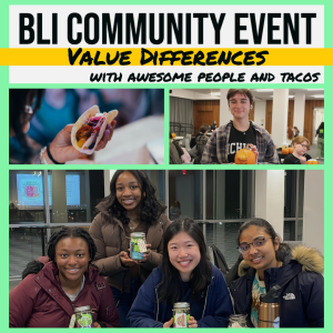 Pictures of students at various community events. Text reads: BLI Community Meeting, Value Differences, with awesome people and tacos.