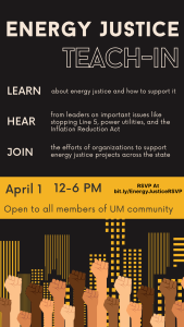 This is a graphic with information about the Energy Justice Teach-In. Raised hands are joined together raising fists towards the sky. In the background behind the fists is a skyline of buildings with yellow-shaded windows.