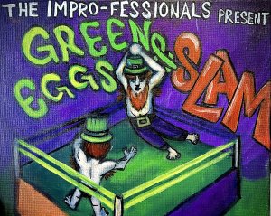 purple background, with two leprechauns facing each other in a boxing ring fighting