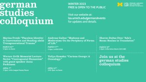 Teal poster with white text containing information on the Colloquium Series
