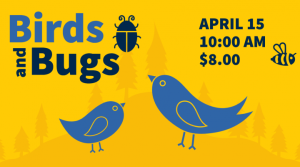 Yellow image featuring two birds and various insects says the following: "Birds and Bugs, April 15th, 10 AM, $8.00"