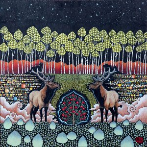 An example of a piece from Chris Huang, which features bright colors, two deer, a forest, and psychedelic imagery.