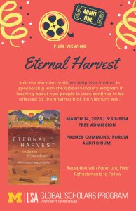 Orange flyer with images of film reels  and admission ticket and details of event: March 14 from 6:30pm - 9pm Palmer Commons