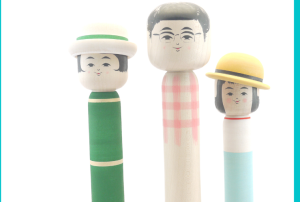 photo of 3 kokeshi dolls designed by Takatoshi Hayashi