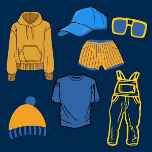 Various maize and blue clothing items in front of a dark blue background