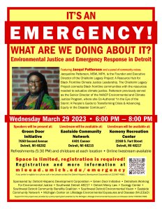 Environmental Justice & Emergency Response in Detroit, a panel discussion on March 29, 6-8 pm.