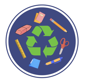 three green arrows forming a triangle to represent recycling surrounded by images of various school supplies