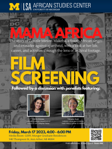ASC Film Screening & Discussion. *Mama Africa—The story of Zenzile Miriam Makeba* (Women's History Month)