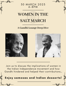 Tan background with black and white photos of Kamaladevi Chattopadhyay and Mahatma Ghandi. Text details event
