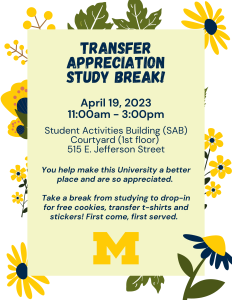 Transfer appreciation study break flyer describing time, location, and event details.
