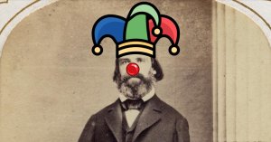 Image of astronomer in a clown's hat with a red-dot nose.