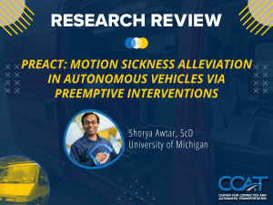 Promotional Image for the CCAT Research Review with Professor Shorya Awtar. It includes the presentation title, Professor Awtar's headshot, and a photo of a transit van.