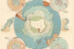 Map of the world, with Antarctica at the center.