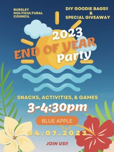 Blue background with flowers and leaves. Beach vibes.  text includes details of event