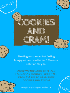 Cookie monser themed flyer. Blue background, images of cookies and cookie jars. Text detail info of event.