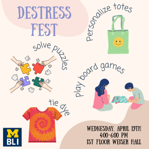 Destress Fest image with tie-dye, puzzles, tote bags and games!