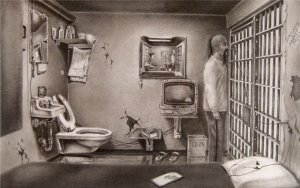 John Bone, Cell Scene, 2010. Graphite on paper. Collection of Janie Paul.