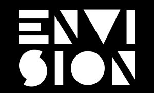 Envision logo: stylized white letters spell out ENVISION on a black background