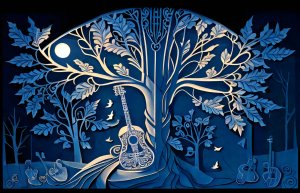 Illustration in dark blue tones of a moonlit tree with a guitar sitting beneath it