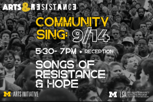 Event flier with a black and white photo of people on the Diag and the words "Community Sing" in large yellow letters