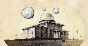 Black and white image of the Detroit Observatory with three asteroids of different sizes in the air surrounding it.