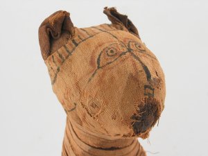 Closeup of the head of a cat mummy, wrapped in tan cloth with red and black patterns and drawn-on facial features.