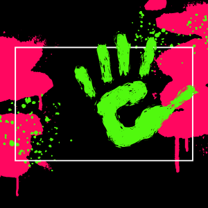 Neon green hand print over pink dripping spray paint on black background.