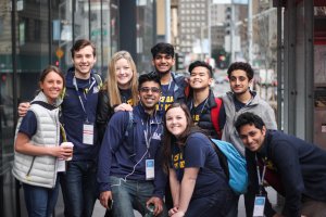 Students pose for a photo on a CFE trek, where student entrepreneurs meet with founders and industry game-changers in cities like Seattle and San Francisco.