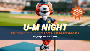 Photo of Detroit Tigers bobble head with Tigers and U-M branding