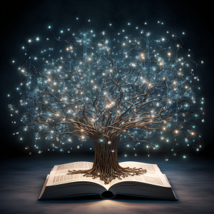 AI Generated image of a tree filled with lights growing out from a book