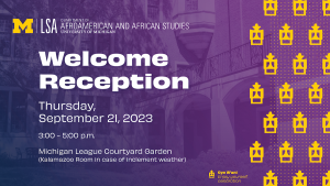 DAAS Welcome Reception over an image of the League Courtyard with a blue and purple gradient wash and a pattern of yellow adinkra Gye W’ani symbols, meaning enjoy yourself or celebration