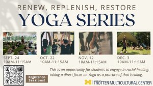 RRR Yoga flyer with 4 photos. 1 of a group of people doing yoga outside, 1 of women doing yoga inside, 1 of a Black woman doing yoga, and 1 of a group of people doing yoba outside. With event date, location, and time.