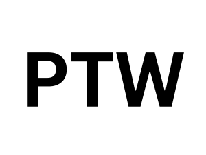 White background with black bold letters spelling 'PTW'