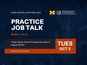 White and orange text over a dark blue textured background describing event details. The LSA logo is on the upper right corner and the department website is listed on the bottom: www.lsa.umich.edu/soc