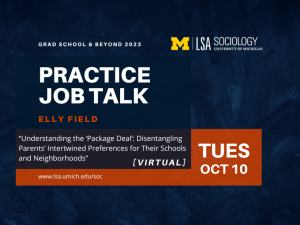 White and orange text over a dark blue textured background describing event details. The LSA logo is on the upper right corner and the department website is listed on the bottom: www.lsa.umich.edu/soc